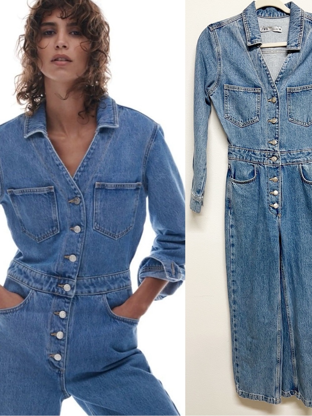 Zara Womens Medium Wash Denim Long Sleeve Denim Jumpsuit Size XS - Picture 7 of 7